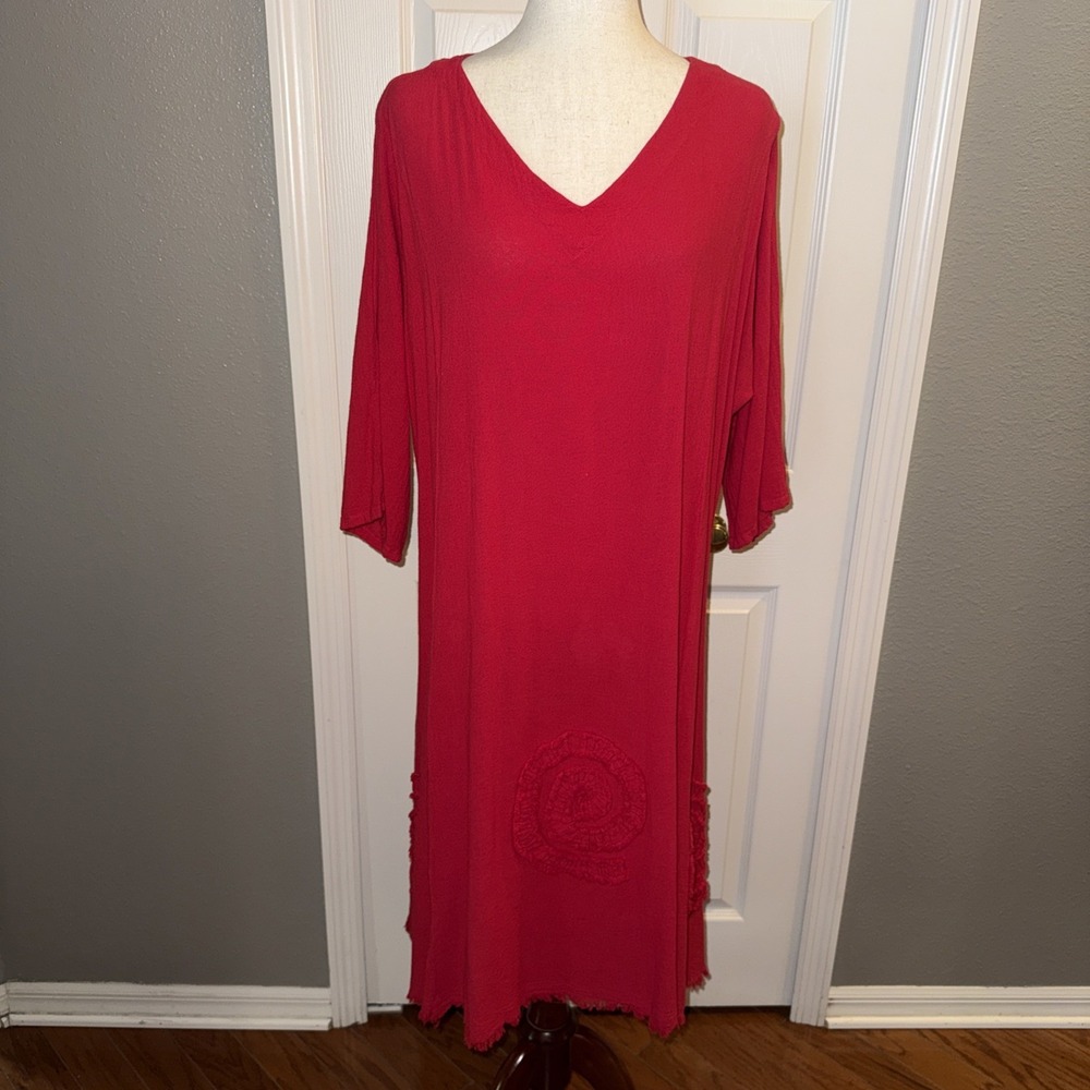 Oh My Gauze Red Cotton Lagenlook Midi Dress Size 2 Oversized Spirals Frayed Hem